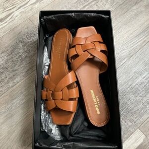 Saint Laurent neutral flat slides